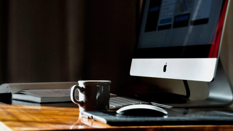 coffee, cup, desk, notebook, display, imac, design, home, coffee cup, work, workspace, work from home